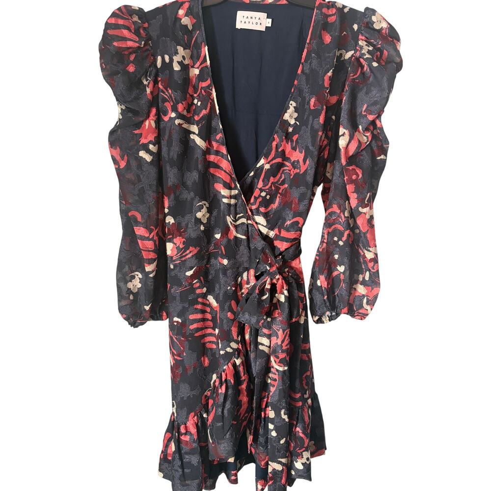 Tanya Taylor Black Floral Wrap Mini Dress Puff Sleeves Textured Jacquard Size 4